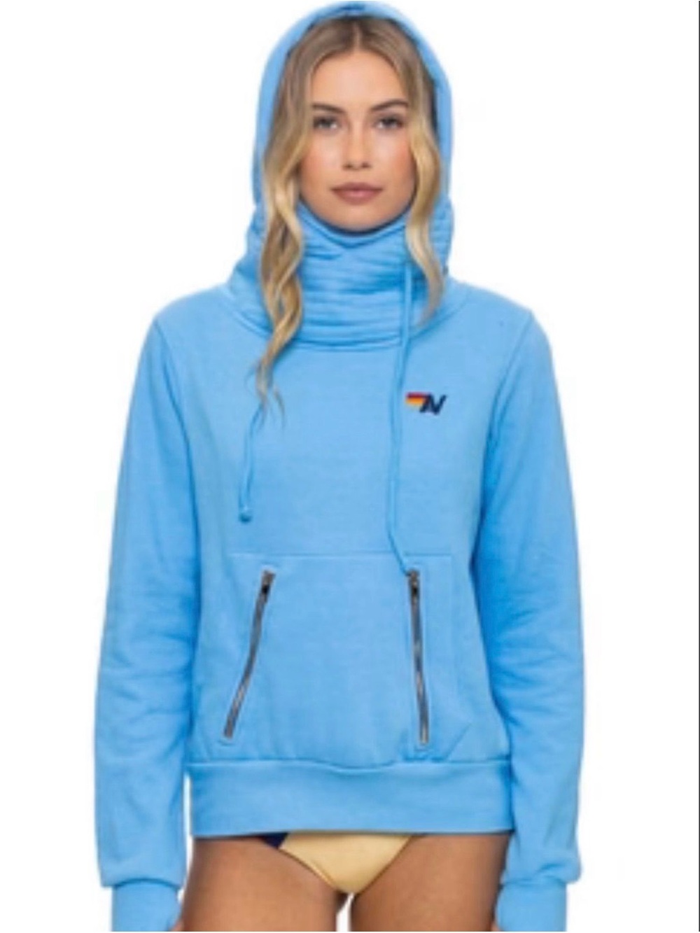 Aviator nation size XS Light Blue Women's Pullover ninja Hoodie with High Neck